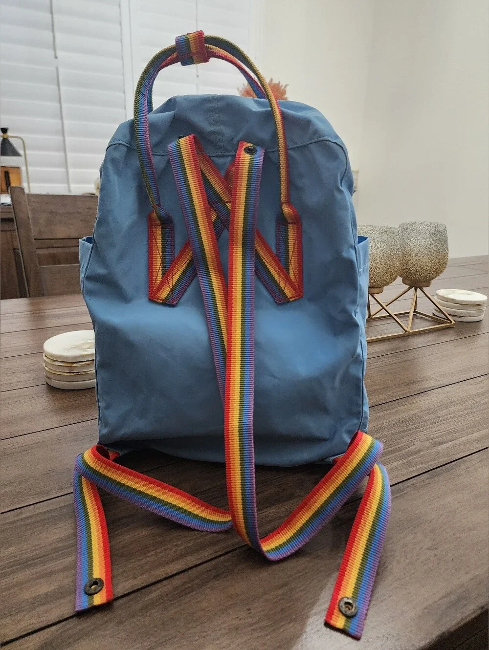 Classic Light Blue Backpack with Rainbow Accents